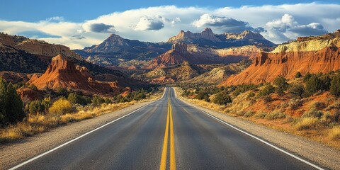 Scenic desert highway leading to majestic rocky mountains under dramatic sky