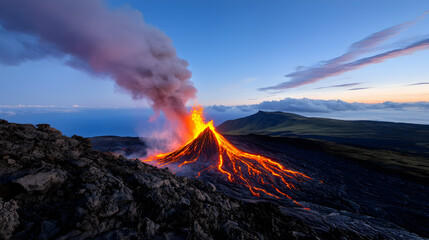 Dramatic Volcanic Eruption at Night