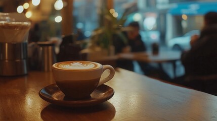 Latte art in a cozy cafe setting.
