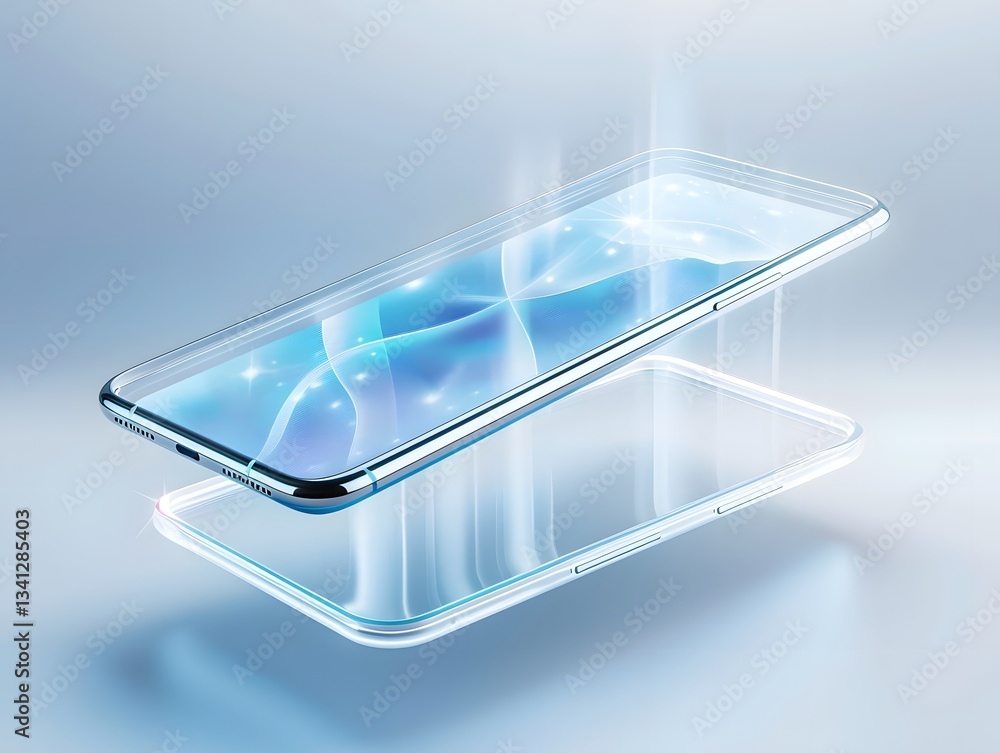 Poster futuristic transparent smartphone device with a floating levitating design and high detail reflectio