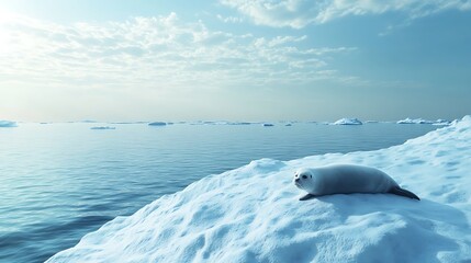 Fototapeta premium Stunning Frozen Ocean with a Cute White Seal on Ice Crest