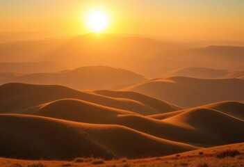 Naklejka premium Golden hour bathes rolling hills in warm sunset light, long shadows stretch across the landscape, peaceful, shadow