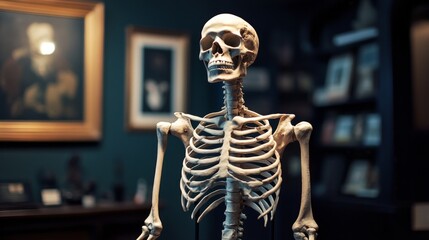 A human skeleton model on a pedestal in a dark room, illuminated by soft light to emphasize its structure.