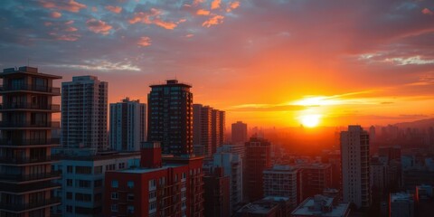 Fototapeta premium Golden hour cityscape, vibrant sunset hues paint buildings, urban soundscape, towers, metropolis