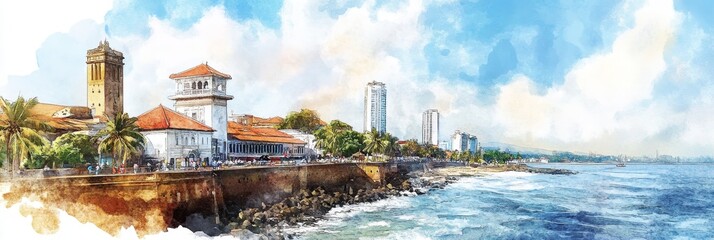 Fototapeta premium Colombo Coastal Charm: Watercolor Cityscape - Vibrant coastal city, historic architecture, ocean waves, palm trees, sunny skies. Symbolizing: coastal beauty, historical significance, tropical climate
