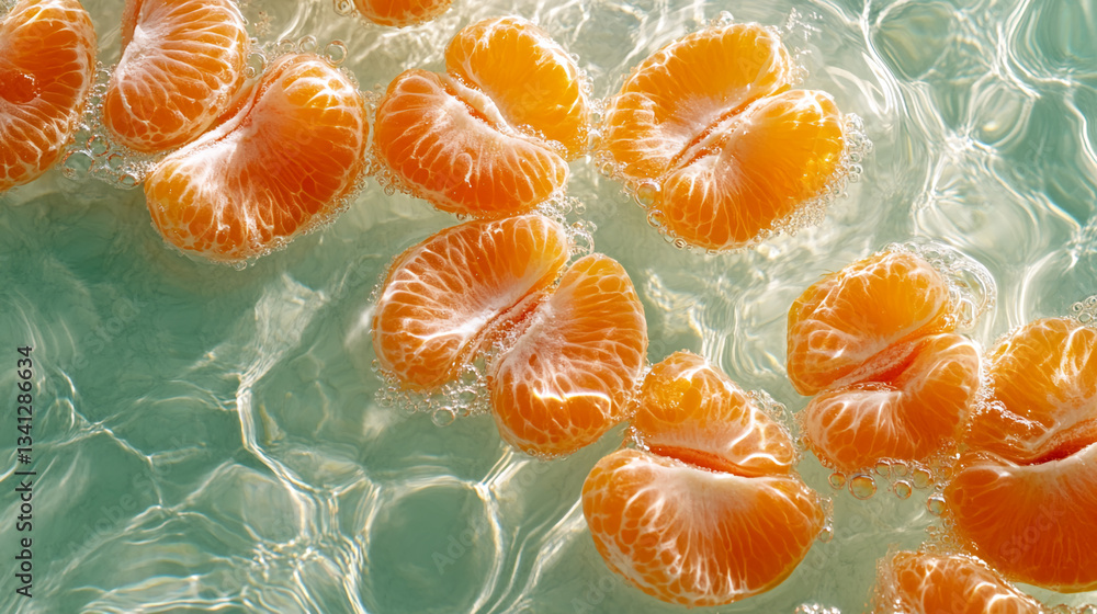 Aufkleber orange segments float in clear water, creating a refreshing and vibrant image, showcasing the textur
