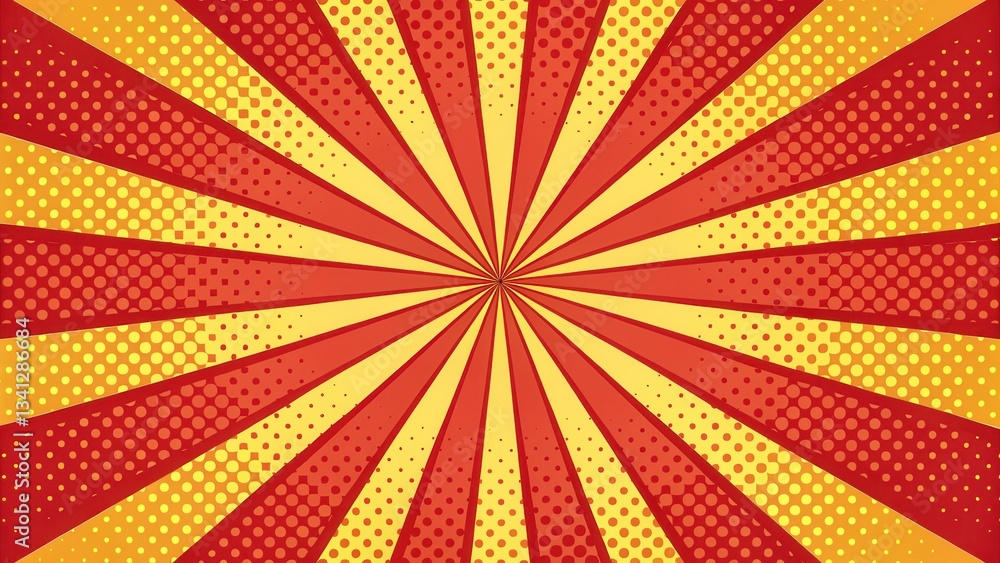 Aufkleber vibrant sunburst pattern in red and yellow with circular designs.