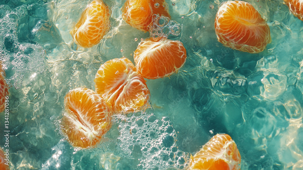 Poster orange segments submerged in teal water, creating a vibrant and refreshing image symbolizing summer,