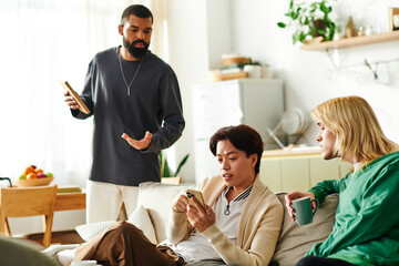 Obraz premium Engaging discussions among young men in a cozy book club setting at home