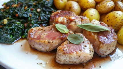 Italian veal saltimbocca sage and prosciutto served with a side of sauted spinach and roasted potatoes