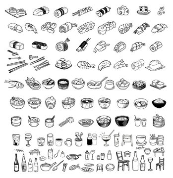Pack d'ic&ocirc;nes dessin&eacute;es &agrave; la main - Nourriture japonaise
