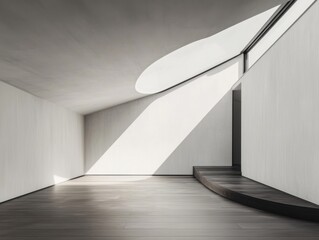 Obraz premium A large room with a white wall and a black staircase. The room is empty and has no furniture
