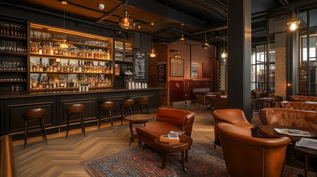 A sophisticated lounge bar with a rich, dark wood interior and leather seating.