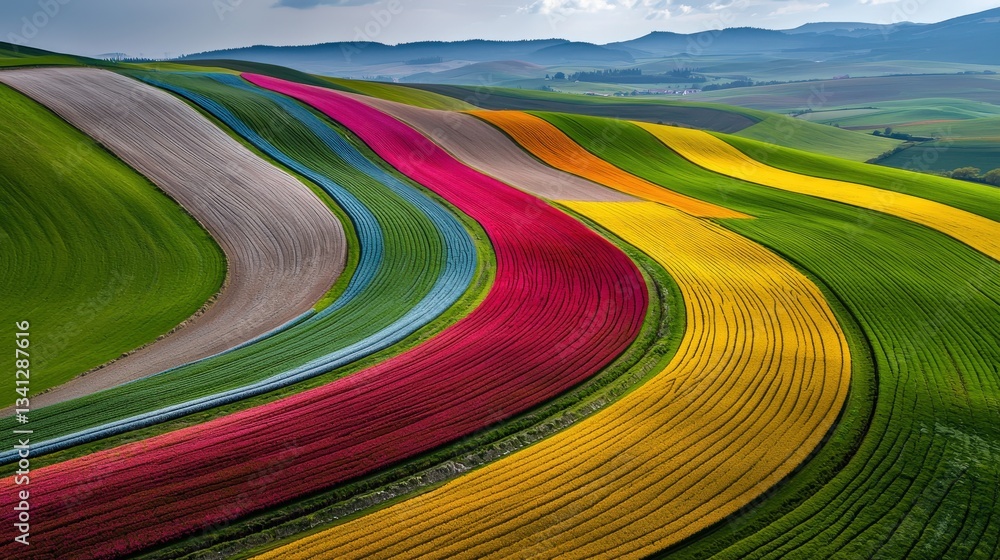 Poster aerial shot of multi-colored fields with a surreal glowing effect