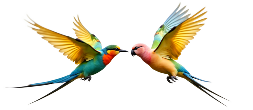 Vibrant tropical birds flying, isolated on transparent background. Use for cheerful designs, spring themes, kids content, greeting cards, vibrant illustrations.