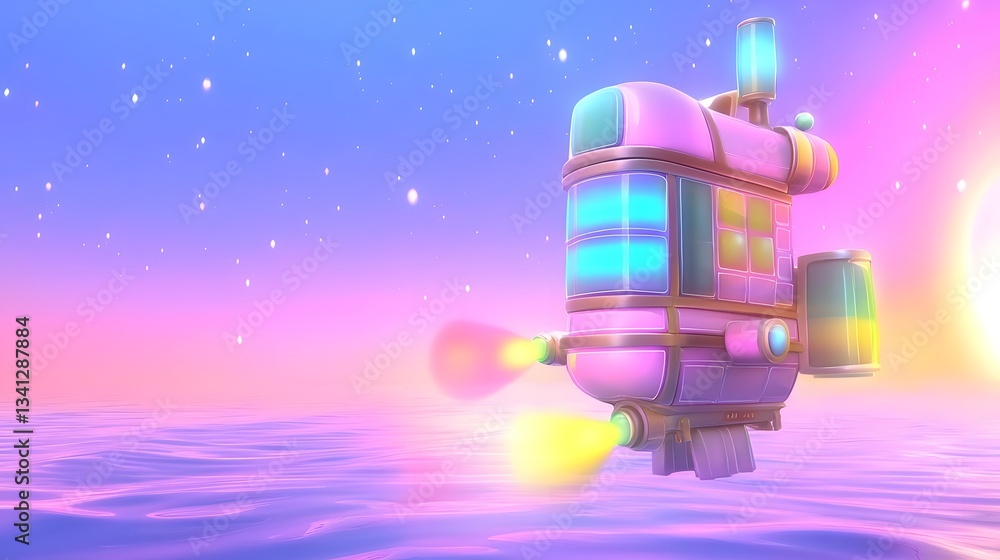 Poster massive intergalactic spaceship hovering above an alien planet with glowing neon thrusters and advan