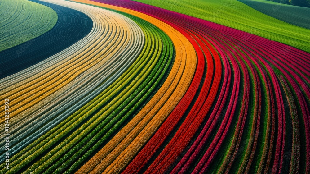 Poster aerial shot of multi-colored fields with a surreal glowing effect