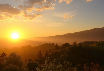 Fototapeta premium Golden sunrise over serene landscape, symbolizing enlightenment, judgement, insight