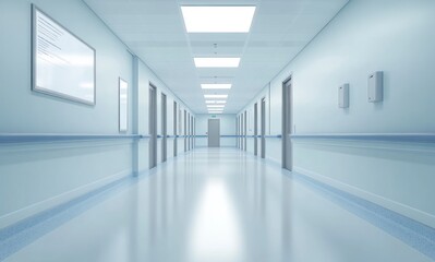 Empty Hospital Corridor Interior with Doors and White Walls Perspective