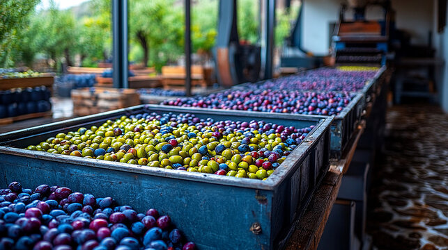 Close-up of colorful olives stored in a farm for further processing with happy workers and lush greenery