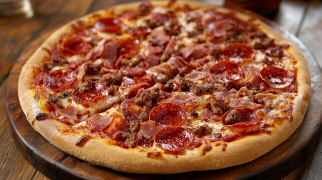 A meat lovers pizza loaded with pepperoni, sausage, ham, and crispy bacon.