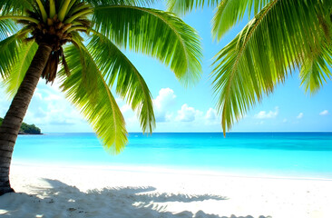 Tropical beach scene with palm tree fronds framing a turquoise ocean and clear sky. Summer, vacation, paradise themes, background with copy space. Selective focus, blurred background