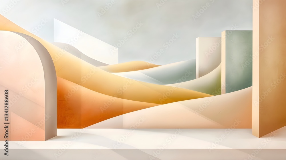 Poster minimalist abstract digital artwork featuring geometric shapes in muted earth tones with subtle shad