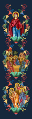 Assumption of Mary. Decorative vintage floral border with angels and Holy Trinity, illustration in Byzantine style