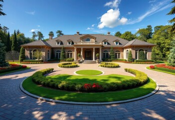 Obraz premium Grand estate entrance, circular driveway, lush landscaping, entrance, opulent