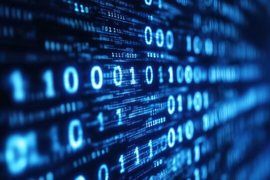 Close-up of binary code in blue digital matrix display.
