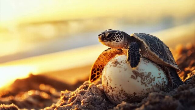 A newborn baby sea turtle lying on an egg on a beach at sunset