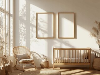 A room with a wooden crib and a chair. The chair is made of wicker. There is a basket on the floor