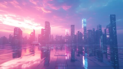 A futuristic cityscape at sunset with reflective surfaces and vibrant colors.