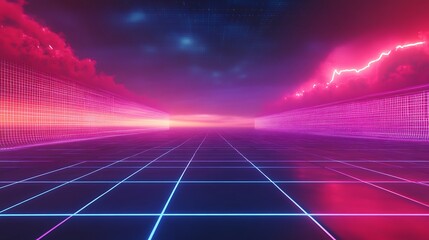 A vibrant, futuristic landscape with neon colors and a grid pattern, evoking retro aesthetics.
