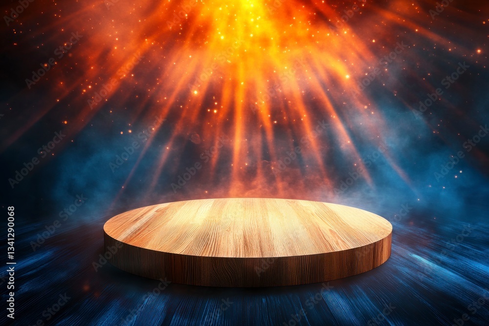 Aufkleber wooden product display platform with abstract light rays background scene