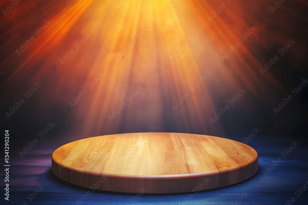 Poster empty wooden round platform with light beam for product display