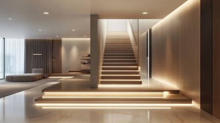 A modern hallway with a floating staircase and ambient LED lighting.