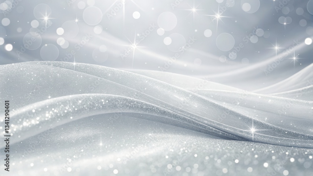Poster shimmering silver waves with sparkling circles and soft textures.