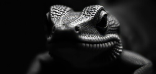 Obraz premium Intense monochrome close-up of a lizard's face, minimalist style, captivating, scaled