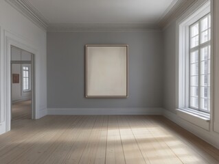 Obraz premium A large white framed picture hangs on a wall in a room. The room is empty and has a lot of windows