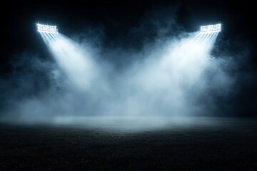 Dramatic Night Stadium Scene Foggy Field with Bright Spotlights