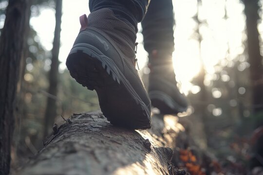 Close-up of a person hiking on a log in the forest at sunrise.