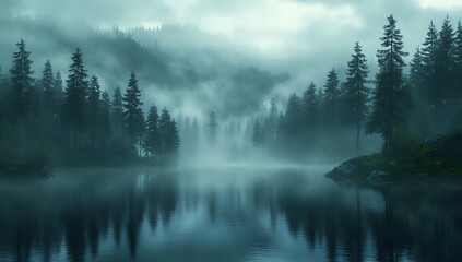 Enchanting Misty Lake in a Serene Coniferous Forest Breathtaking Nature Scene