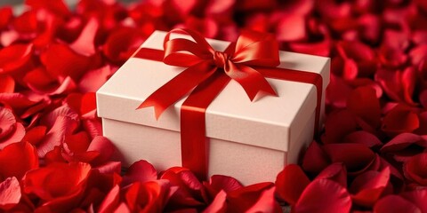 Luxurious red ribbon-adorned gift box nestled on a cozy bed of rose petals,  engagement, luxury