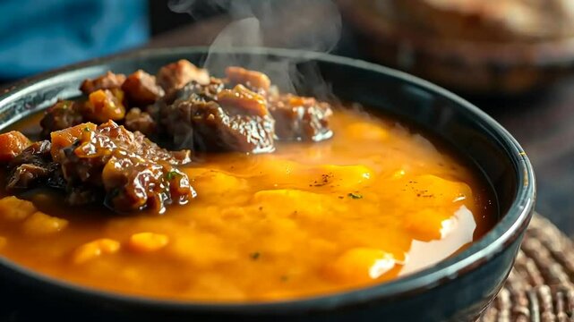 Steaming Rustic Lamb and Bean Stew in Dark Bowl