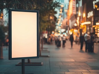A large white billboard is on the sidewalk. There are people walking by. The billboard is empty
