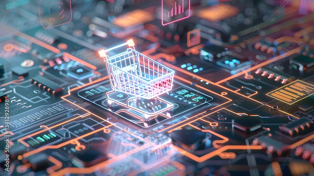 Poster ultra detailed 3d render of a glowing neon shopping cart floating above a futuristic digital circuit