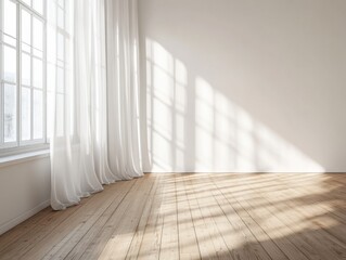 Fototapeta premium A large room with a window and white curtains. The curtains are open, letting in sunlight. The room is empty and has a wooden floor