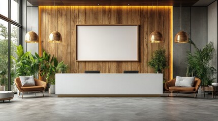 Modern Office Reception Area with Wooden Wall and Plants