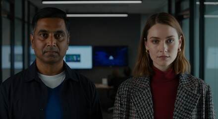 Obraz premium Confident colleagues: asian male and caucasian female professionals in modern office setting